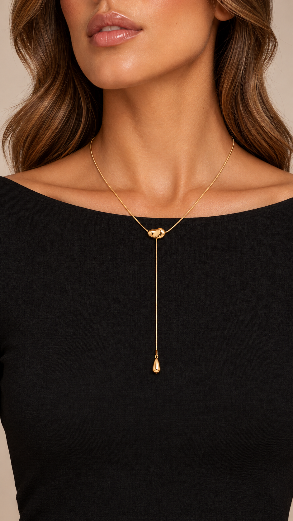 Sable Lariat Drop Necklace — Gold worn closeup