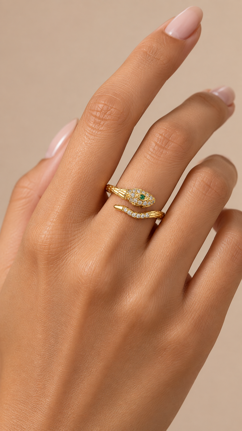 Sienna Pavé Snake Ring — Gold worn closeup
