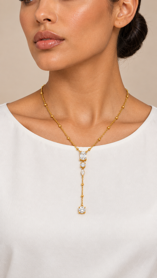 Cassia Lariat Necklace — Gold worn closeup