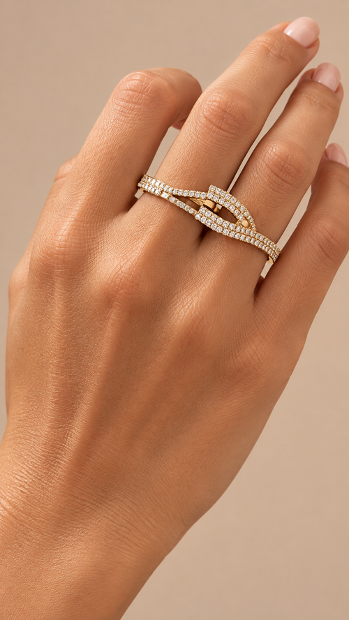 Wrenley Double-Finger Ring — Gold worn closeup
