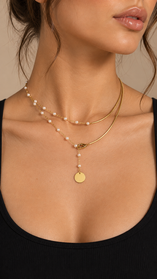 Maribel Pearl-Lariat Necklace — Gold worn closeup