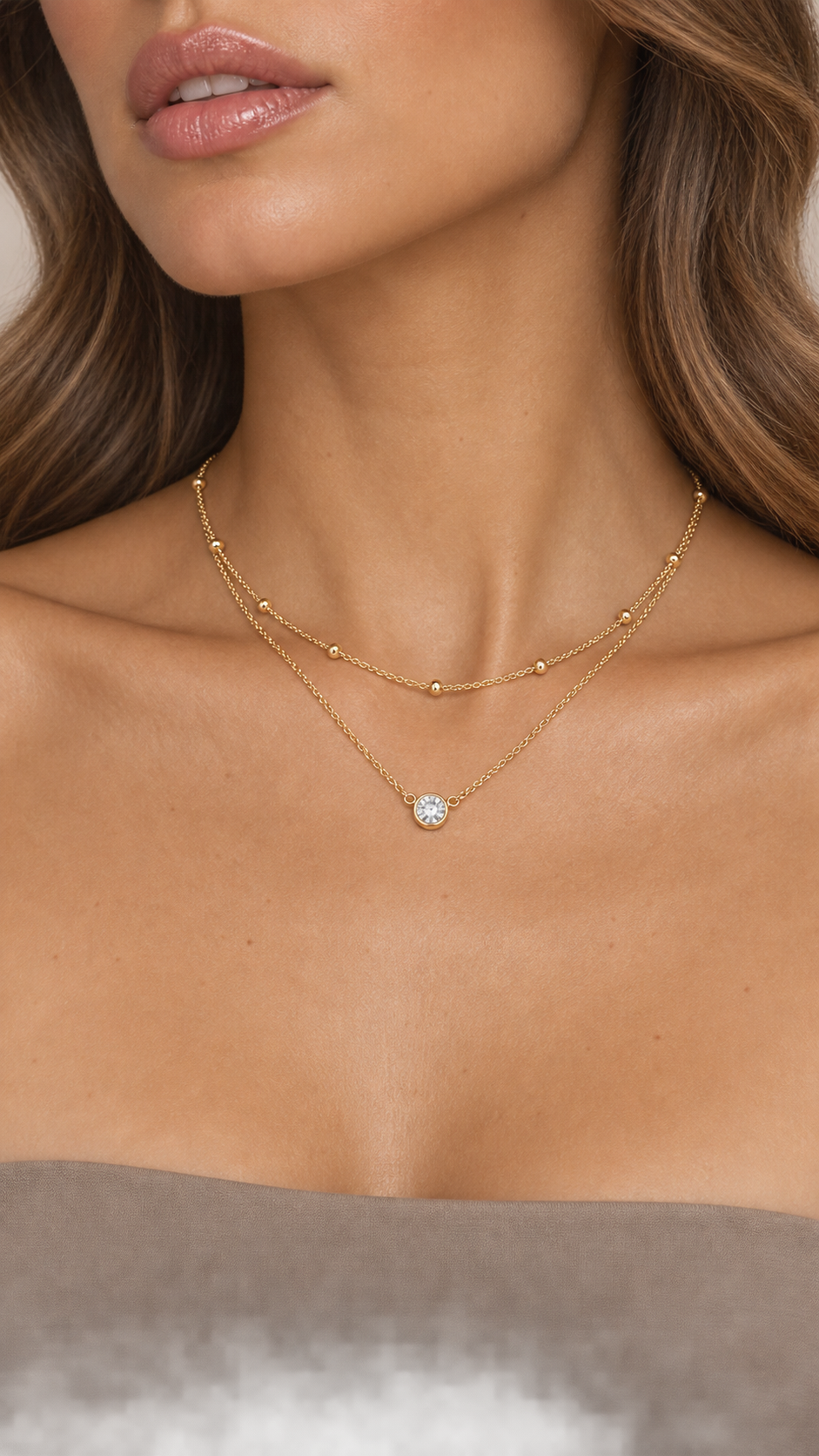 Celine Layered Pendant Necklace — Gold worn closeup