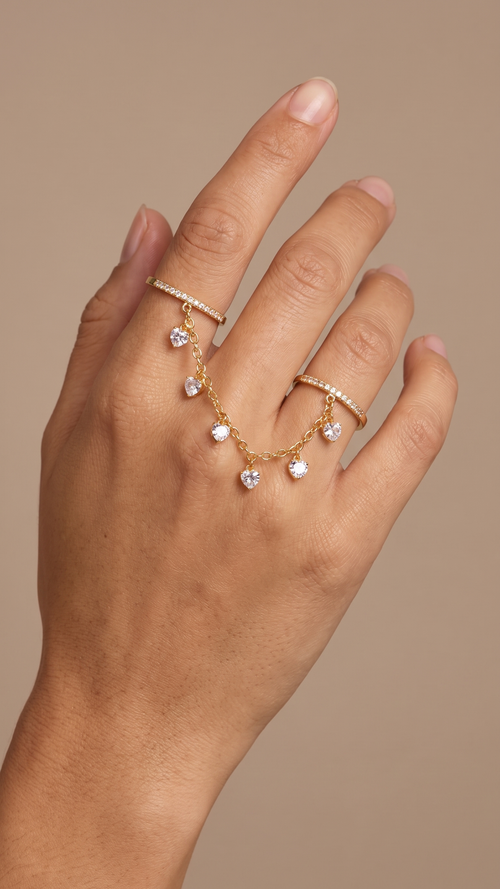 Camille Heart Chain Ring — Gold worn closeup
