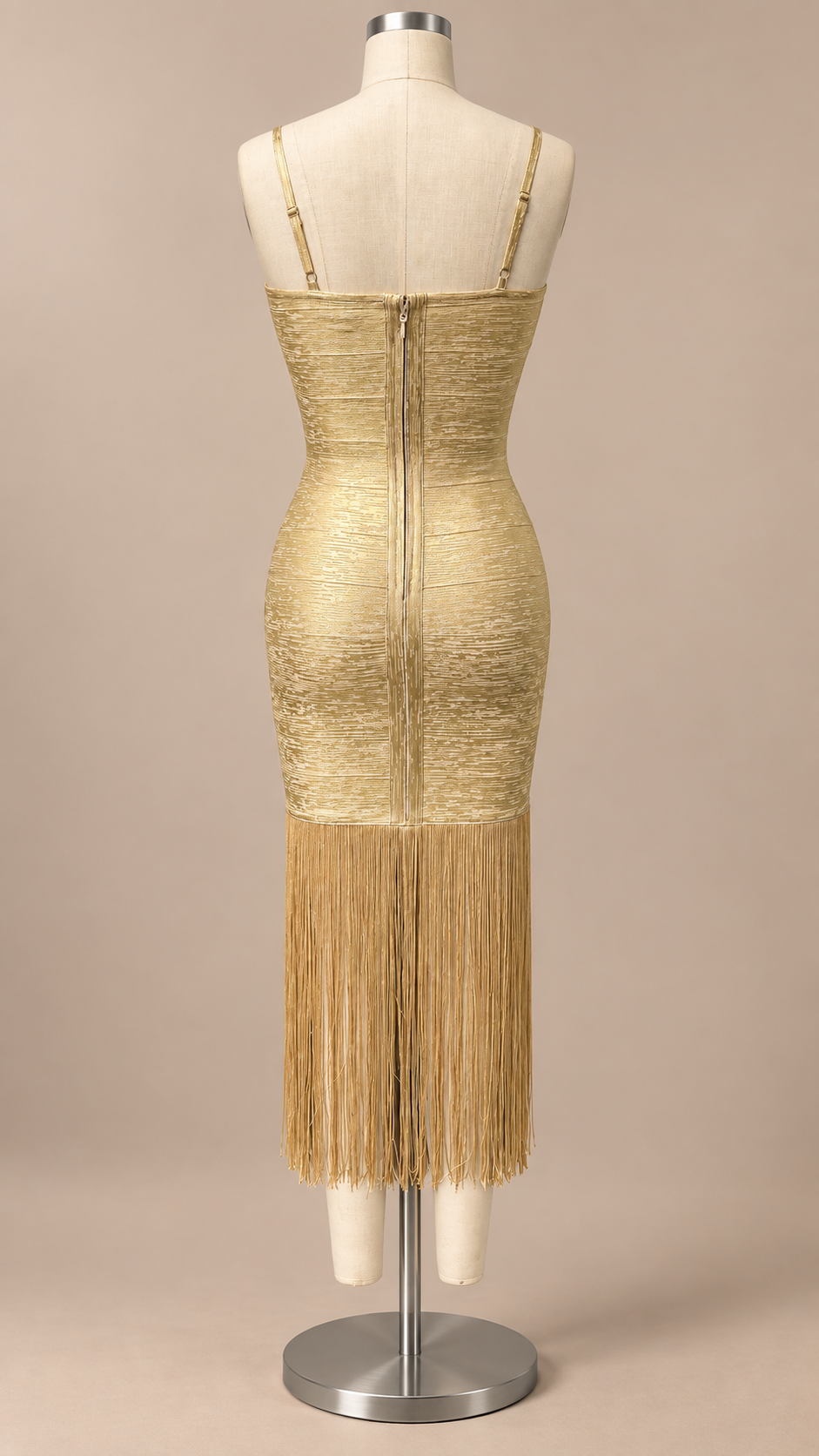 Ondine Fringe Maxi — Golden mannequin back