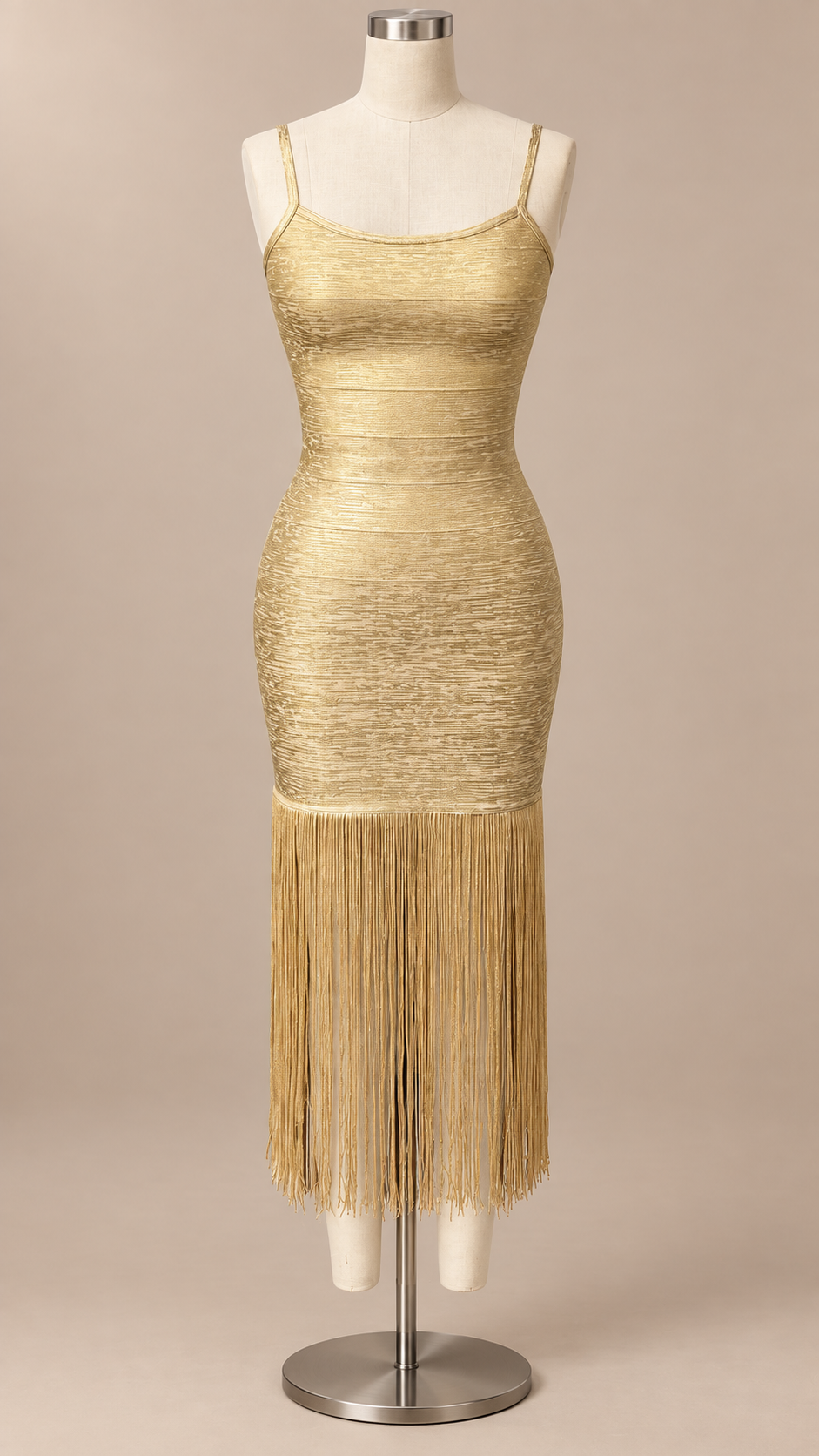 Ondine Fringe Maxi — Golden mannequin front