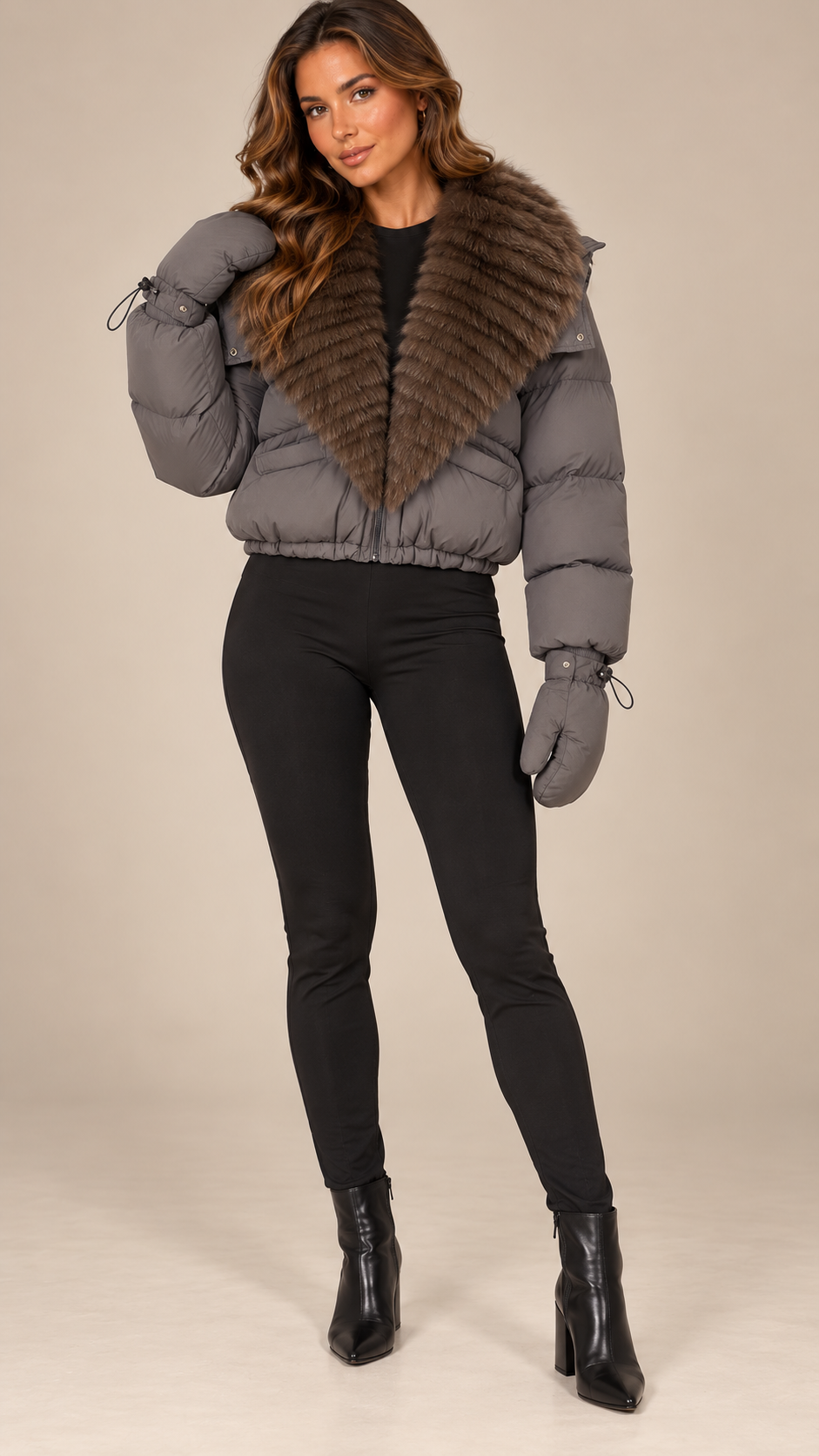 Anastasia Fox-Stole Hooded Puffer — Gray & Coffee model front