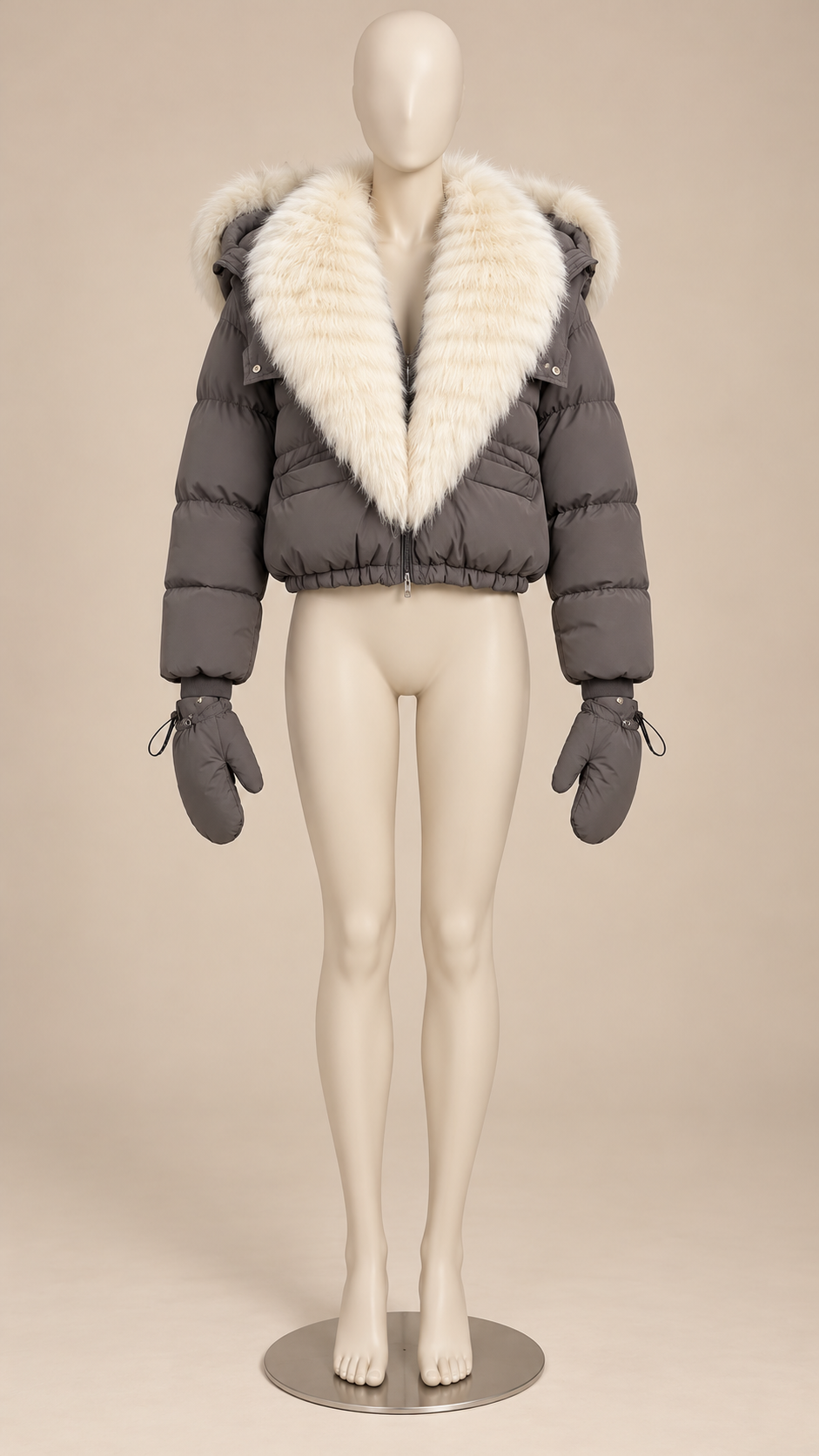 Anastasia Fox-Stole Hooded Puffer — Gray & Ivory mannequin front
