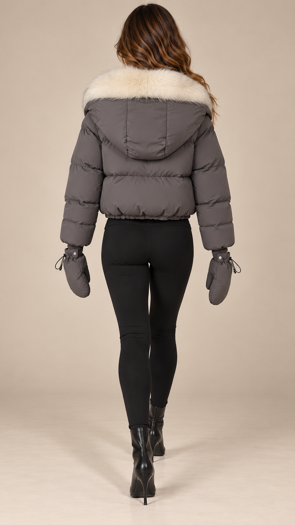 Anastasia Fox-Stole Hooded Puffer — Gray & Ivory model back