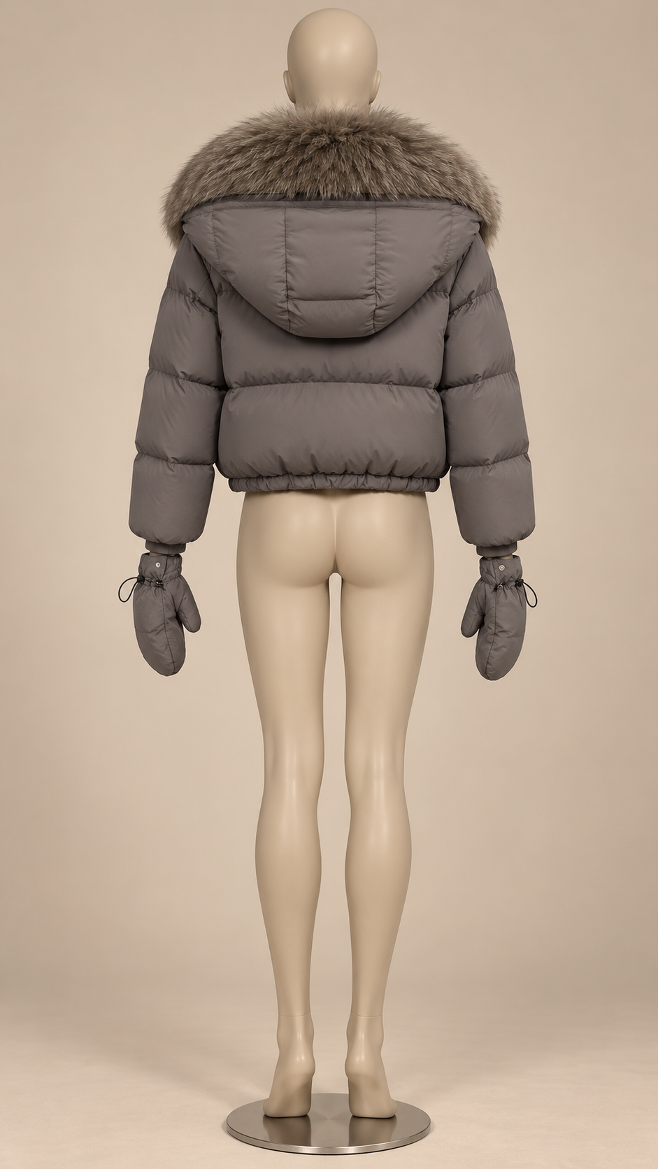 Anastasia Fox-Stole Hooded Puffer — Gray & Taupe mannequin back