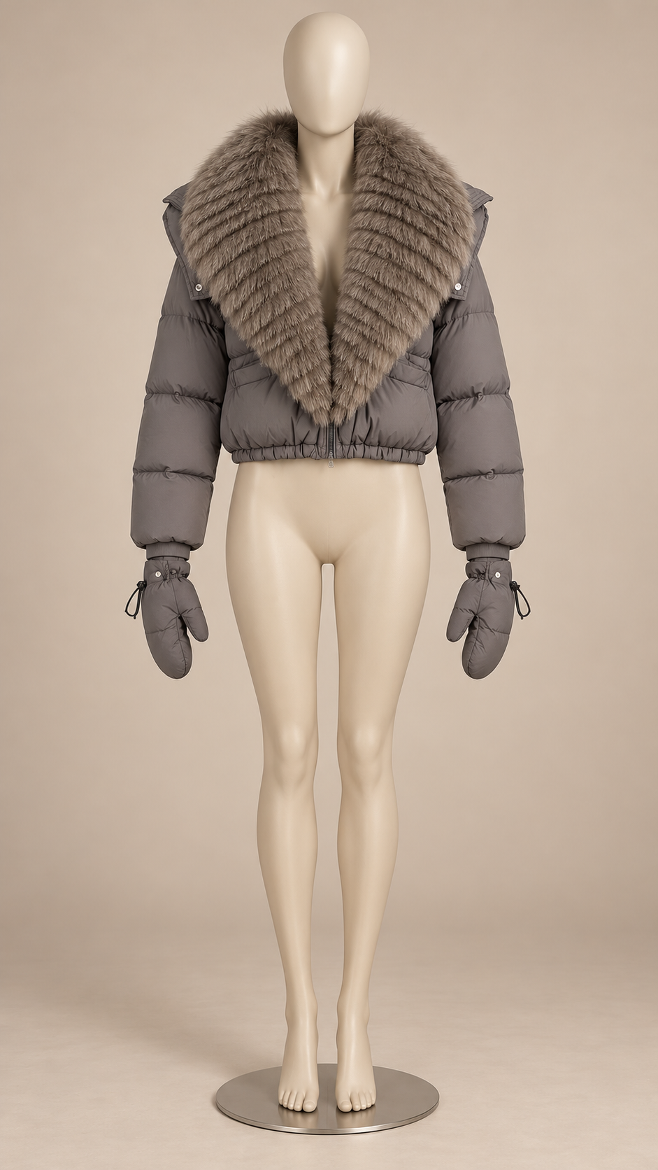Anastasia Fox-Stole Hooded Puffer — Gray & Taupe mannequin front
