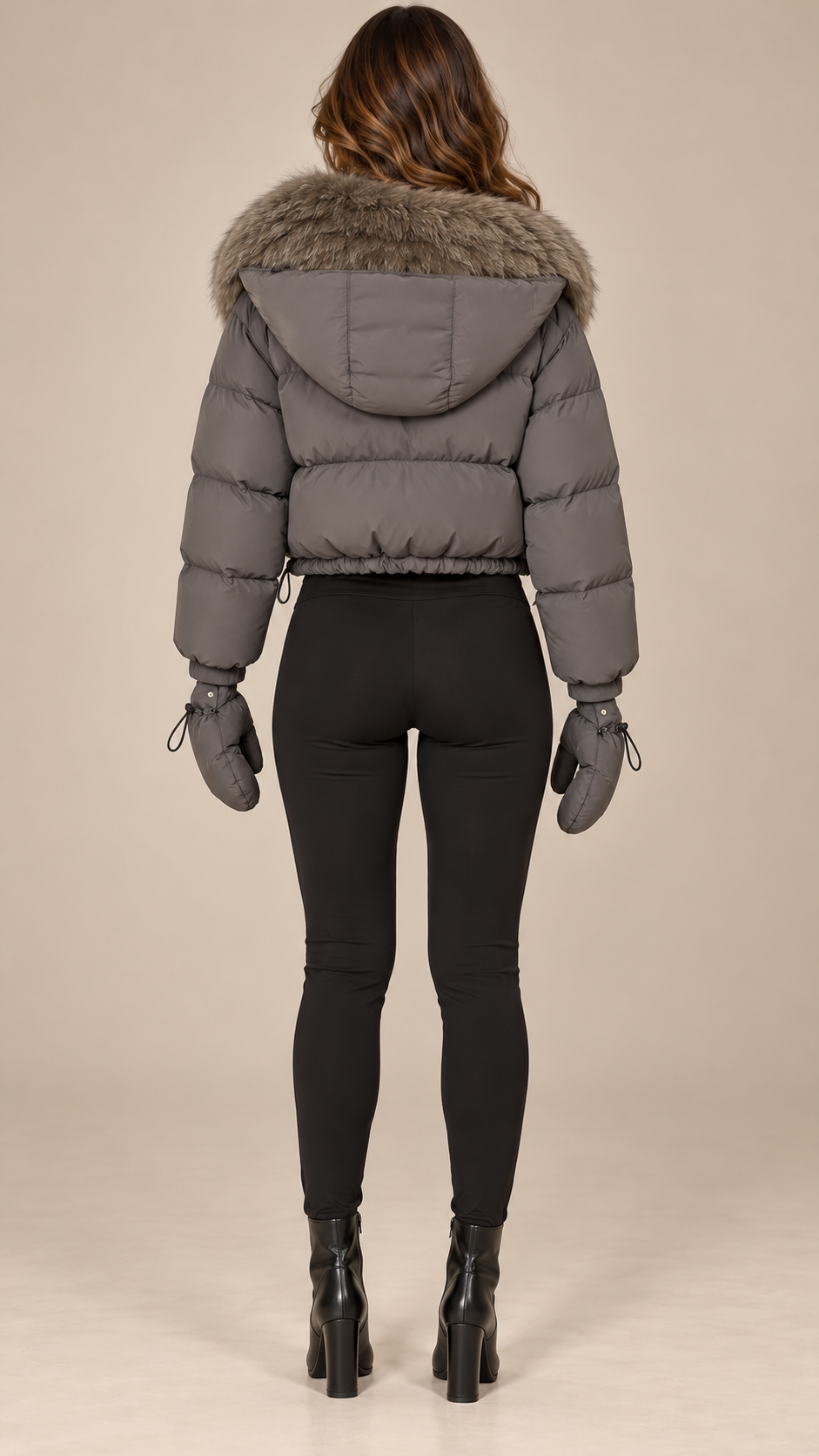 Anastasia Fox-Stole Hooded Puffer — Gray & Taupe model back