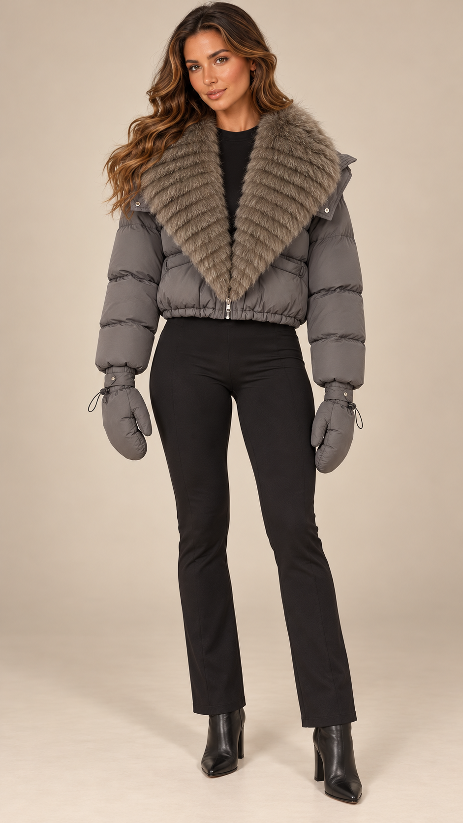 Anastasia Fox-Stole Hooded Puffer — Gray & Taupe model front