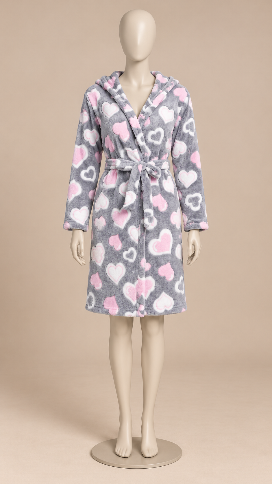 Rosamund Hooded Robe — Gray Heart mannequin front