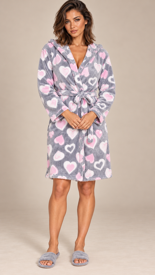 Rosamund Hooded Robe — Gray Heart model front