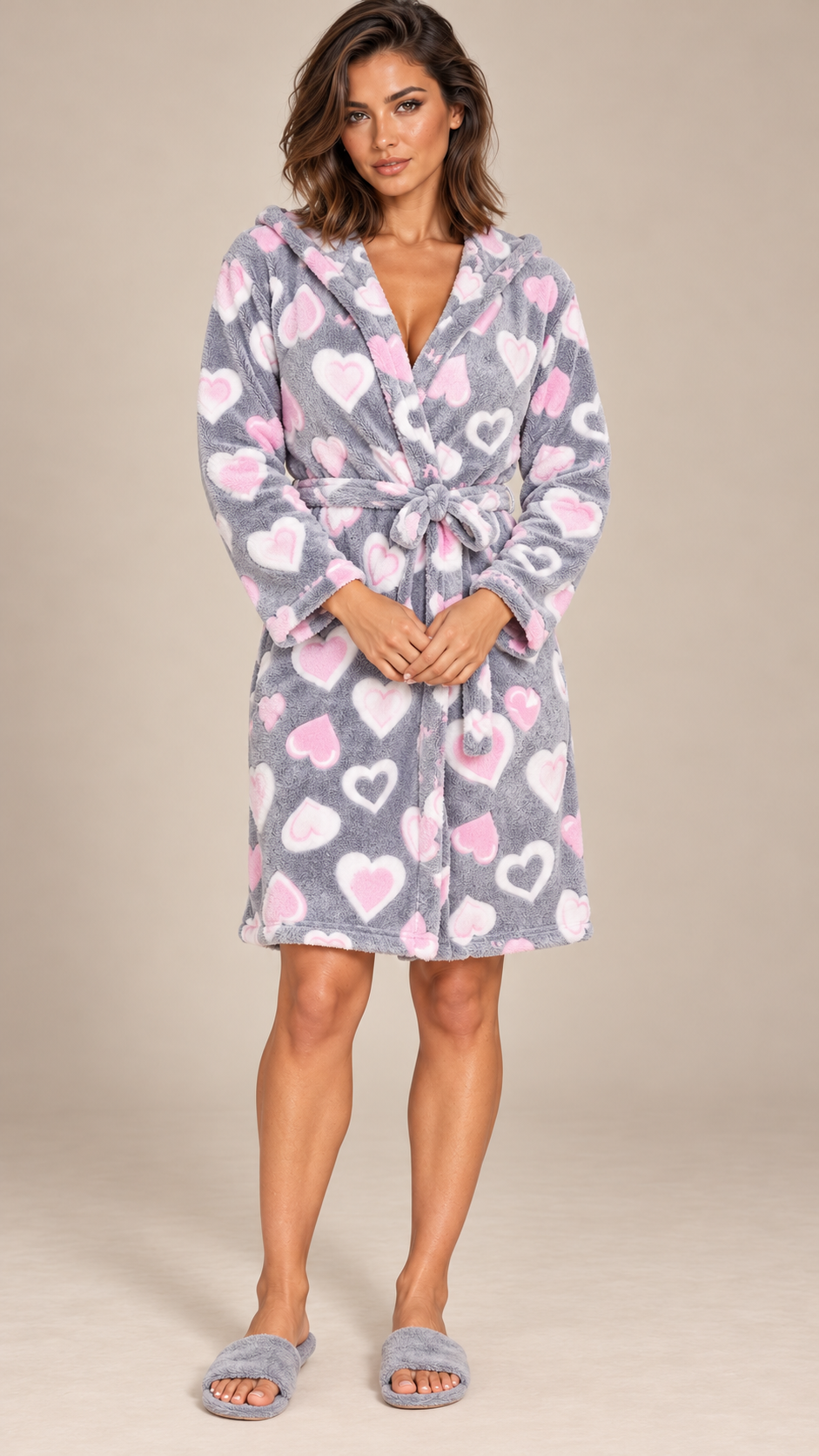 Rosamund Hooded Robe — Gray Heart model front
