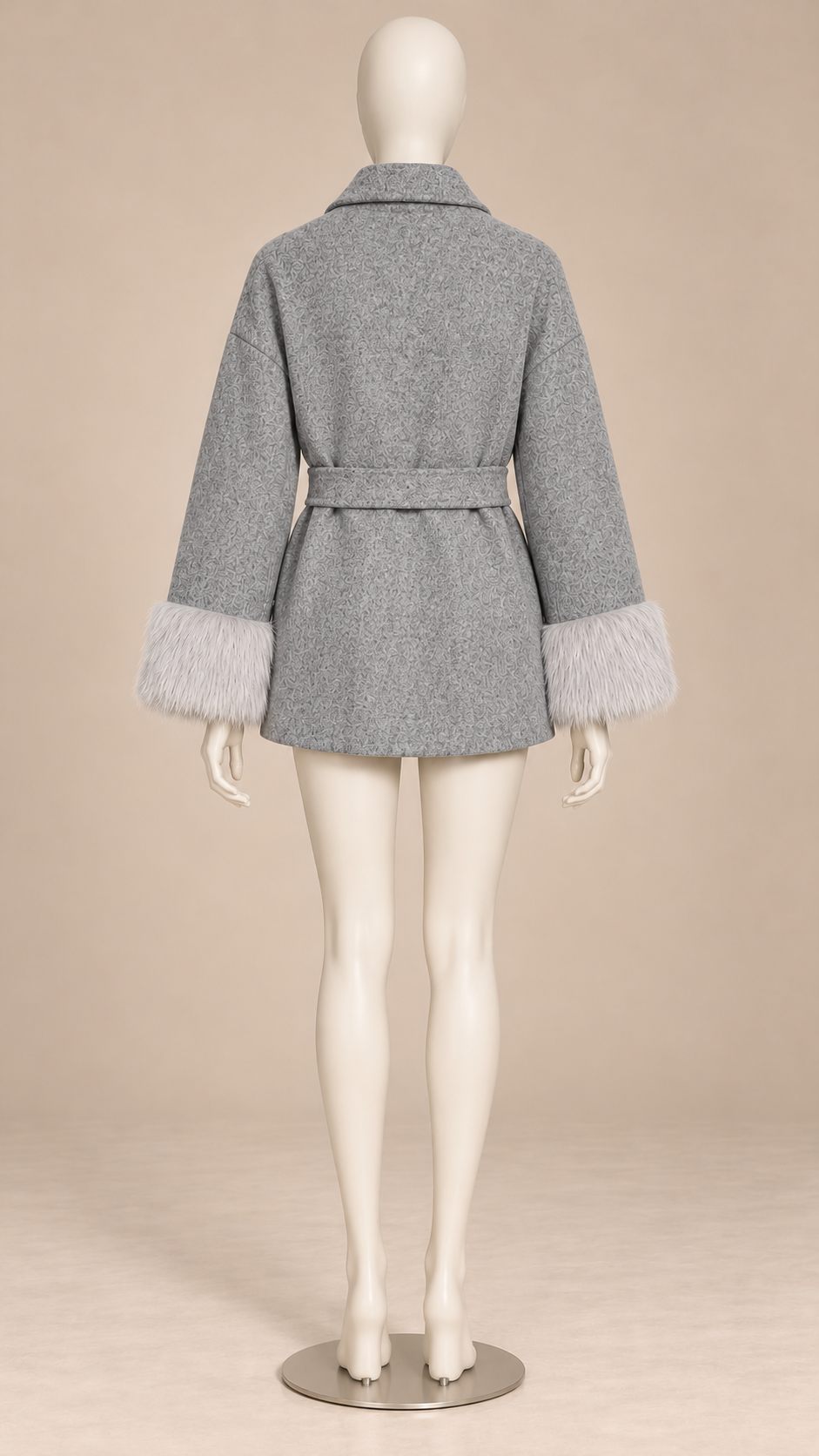Larissa Fur-Cuff Wrap Coat — Gray mannequin back