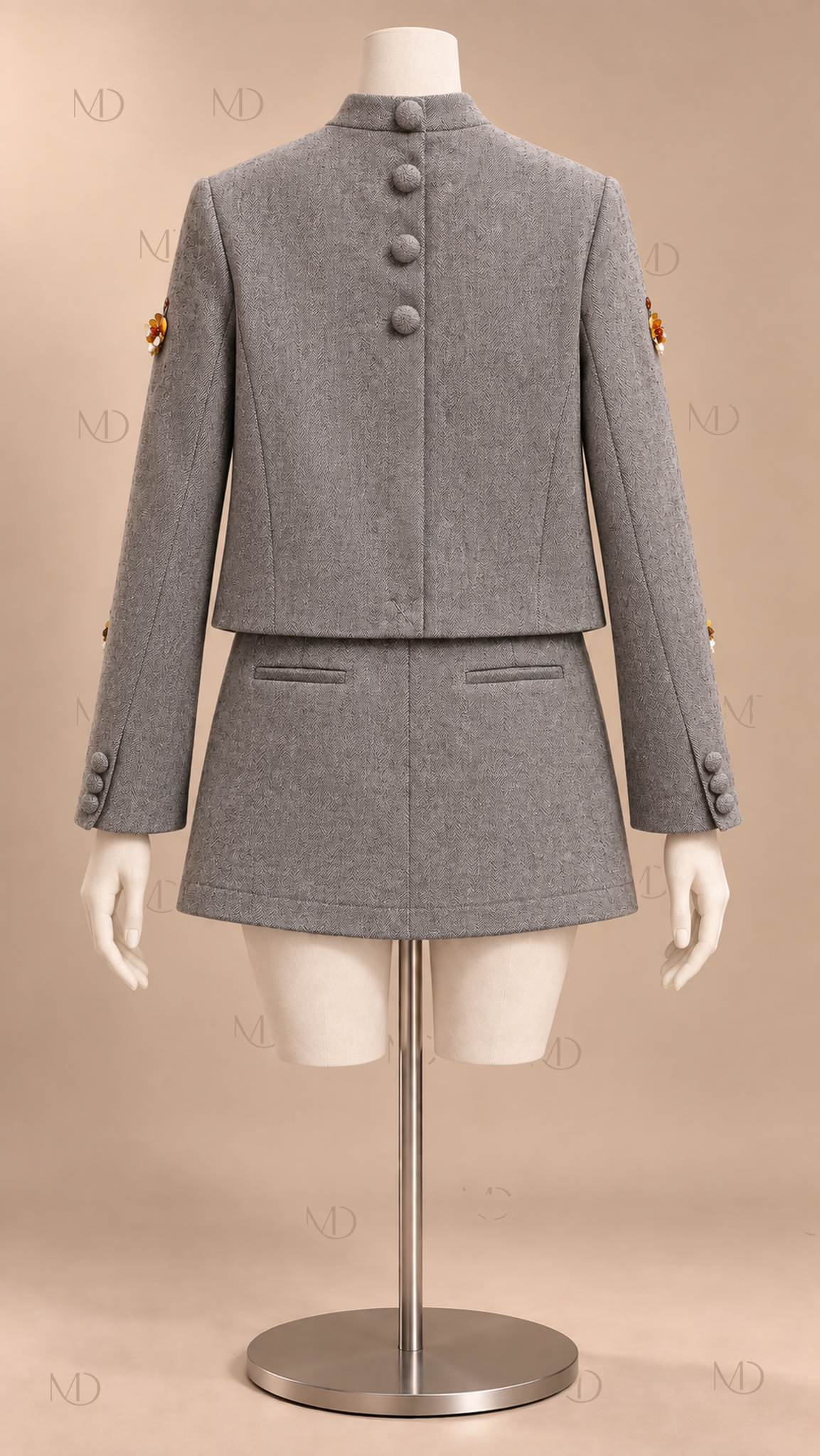 Odette Beaded Wool Skirt Suit — Gray mannequin back