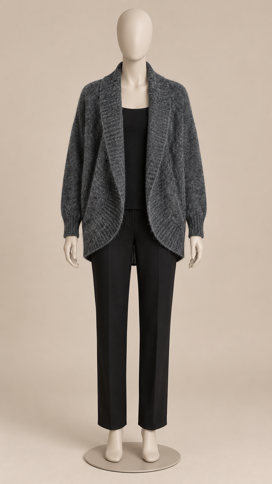 Tove Shawl-Collar Cardigan — Gray mannequin front