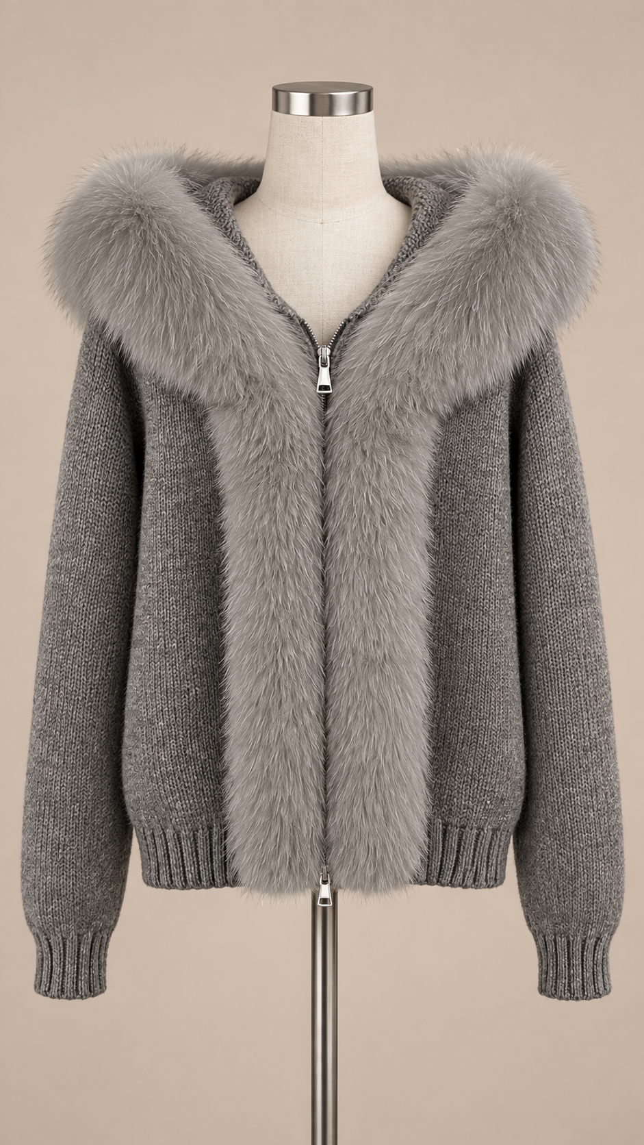 Sable Fox-Collar Cardigan — Gray mannequin front