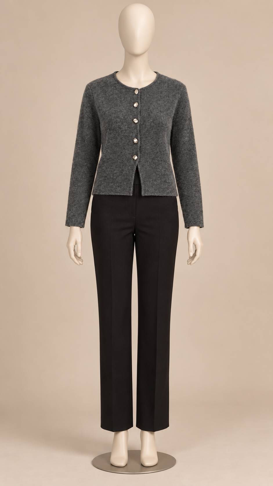 Mirela Pebble-Button Cardigan — Gray mannequin front