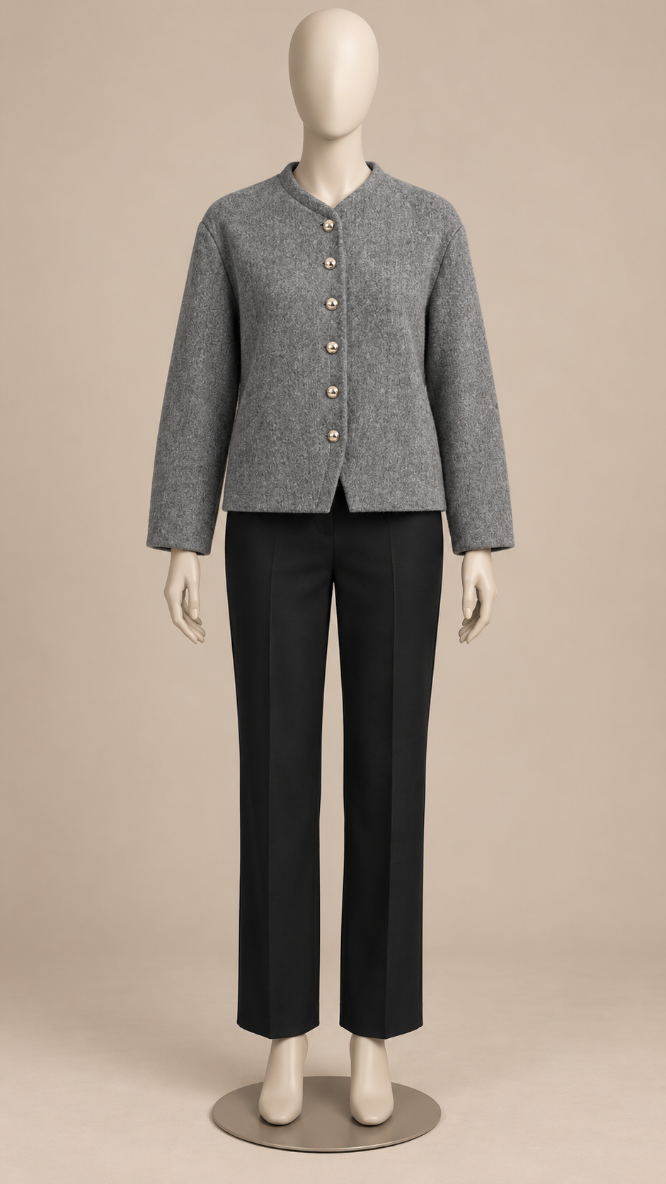 Adelaide Shank-Button Cardigan — Gray mannequin front