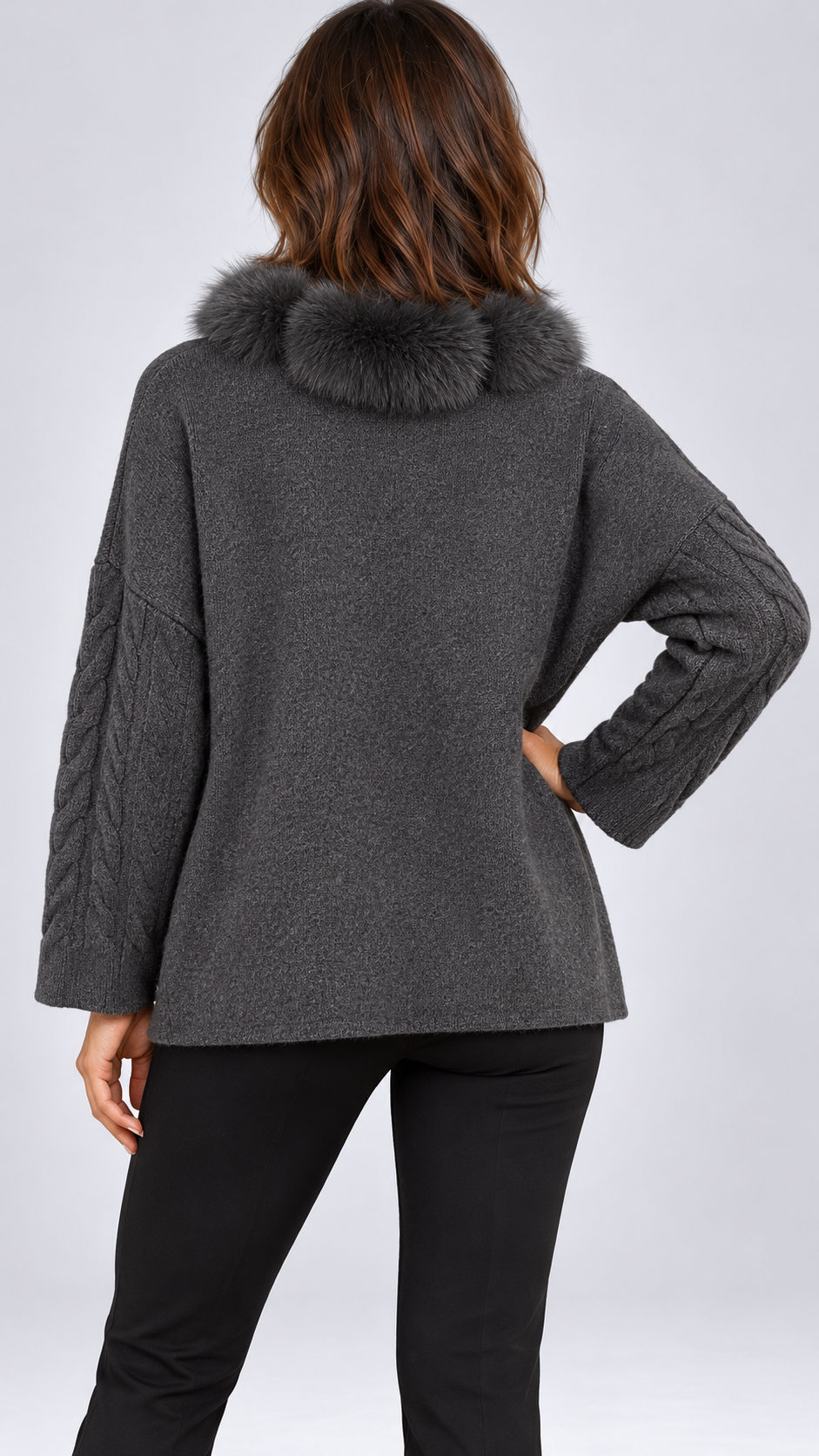 Maribelle Plush-Front Cardigan — Gray model back