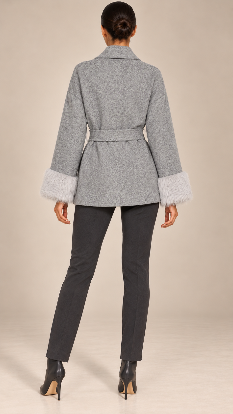 Larissa Fur-Cuff Wrap Coat — Gray model back