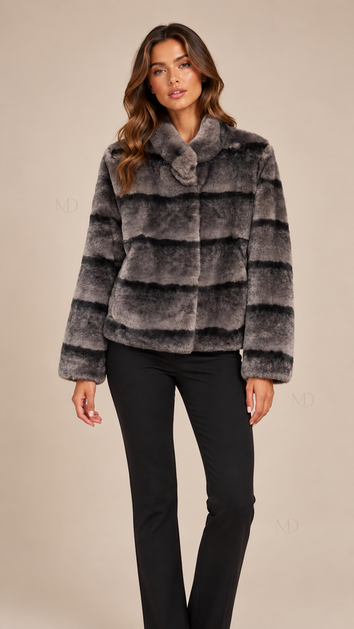 Sabine Faux Chinchilla Coat — Gray model front