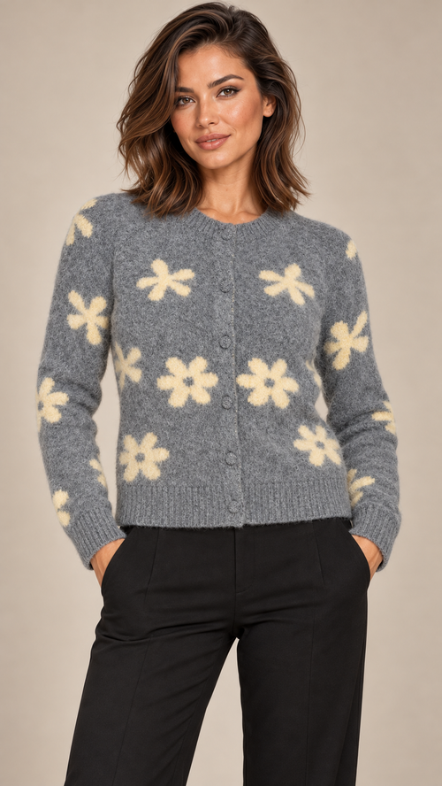 Bernadine Daisy Cardigan — Gray model front
