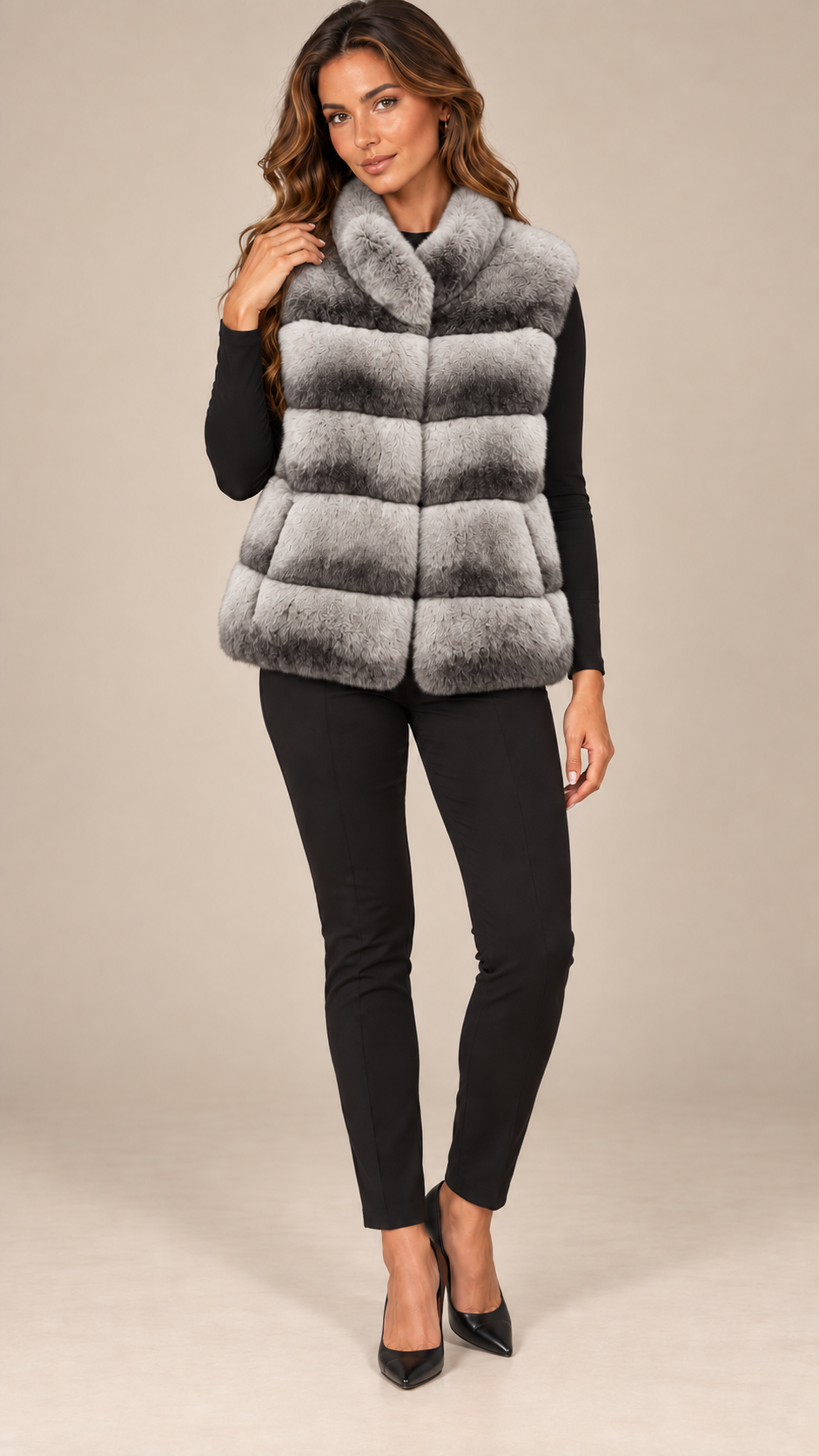 Nadia Chinchilla-Pattern Vest — Gray model front