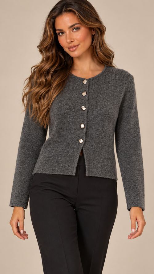 Mirela Pebble-Button Cardigan — Gray model front