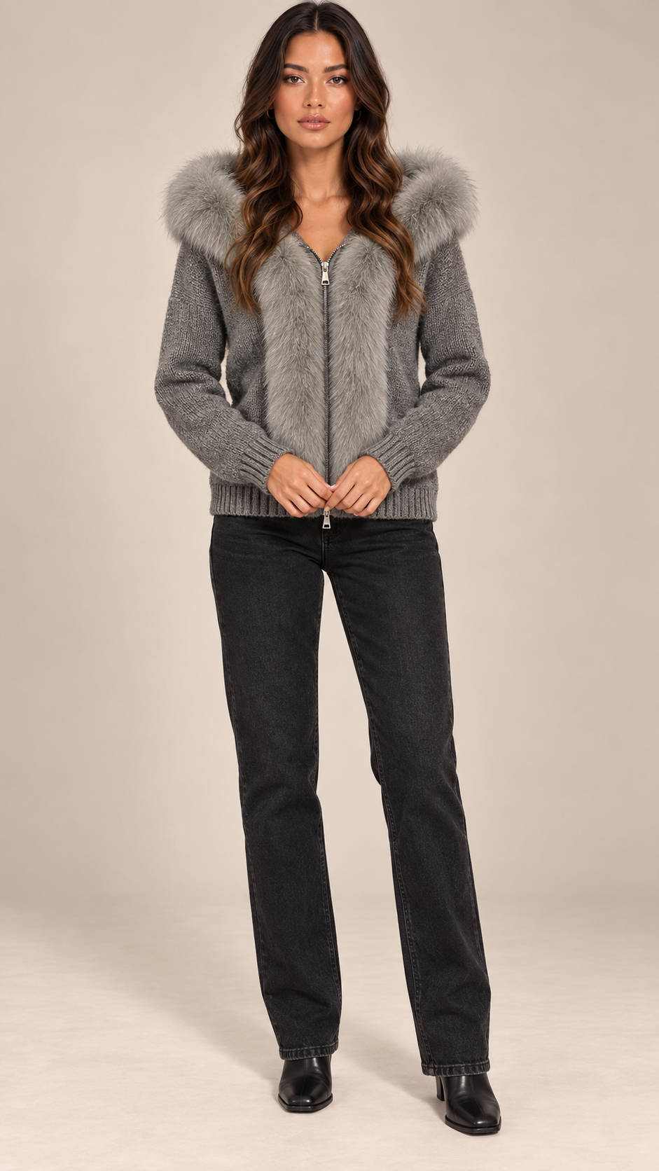 Sable Fox-Collar Cardigan — Gray model front