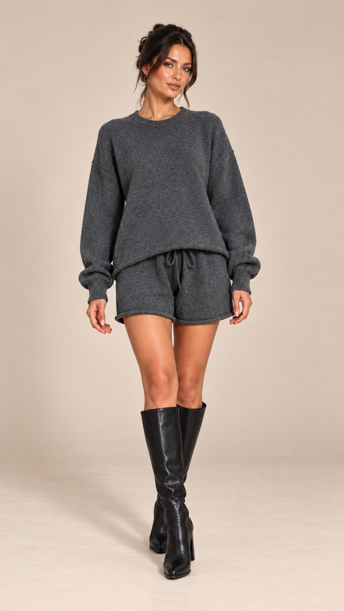 Mafalda Roll-Edge Knit Set — Gray model front