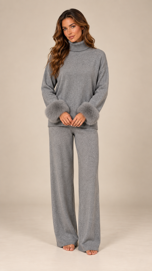 Noor Fur-Pom Knit Set — Gray model front