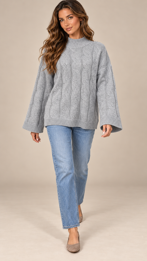 Bettina Cable Sweater — Gray model front