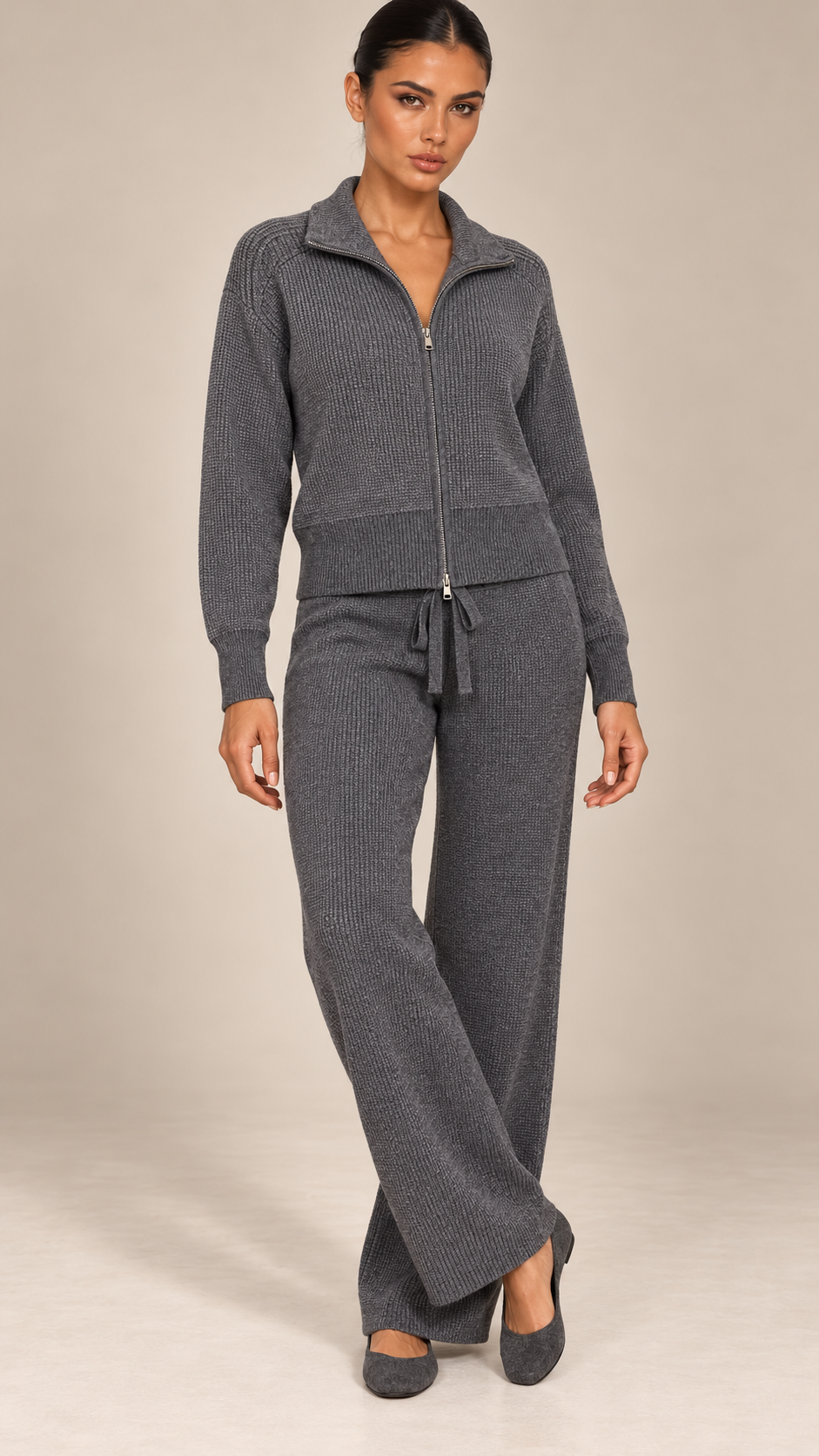 Brielle Zip-Collar Lounge Set — Gray model front