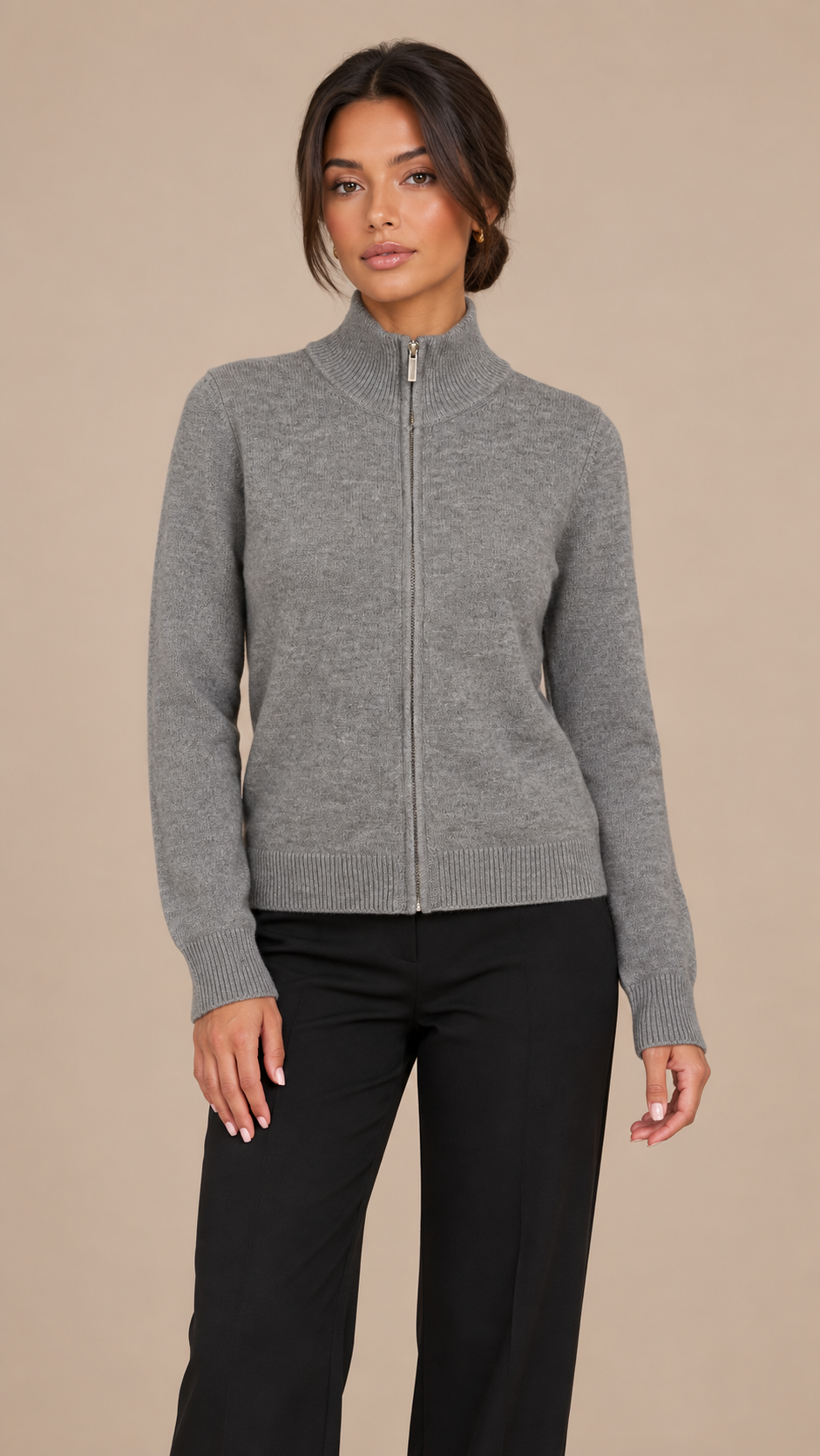 Elsie Zip Knit Cardigan — Gray model front