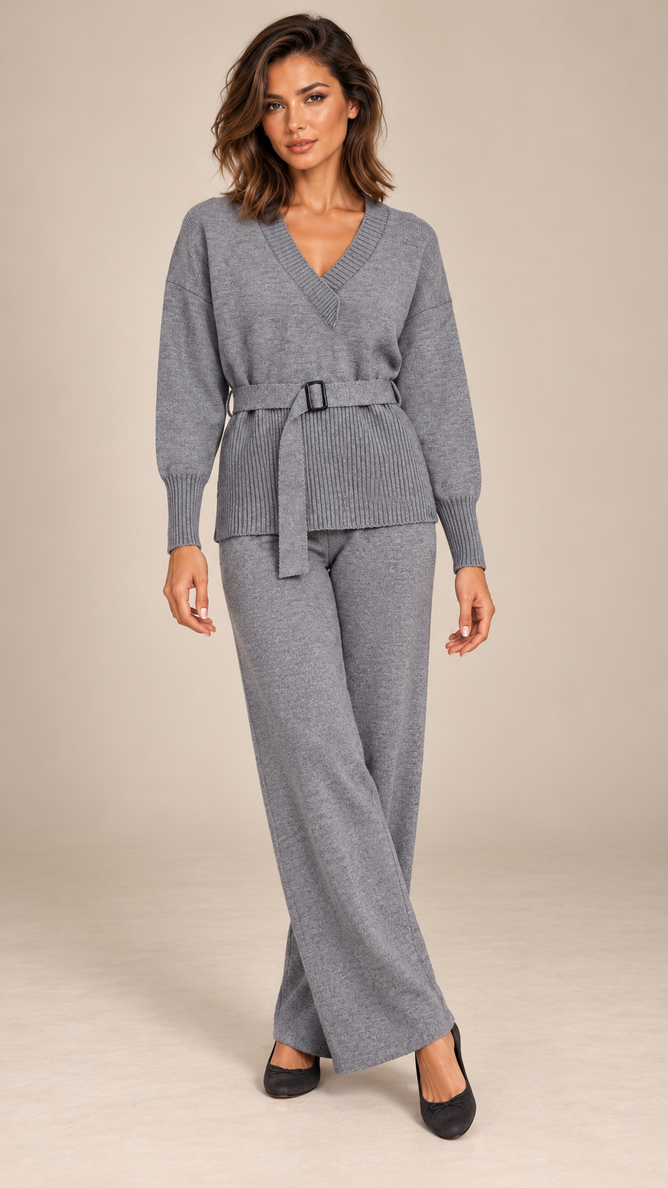 Augusta Wide-Leg Knit Set — Gray model front