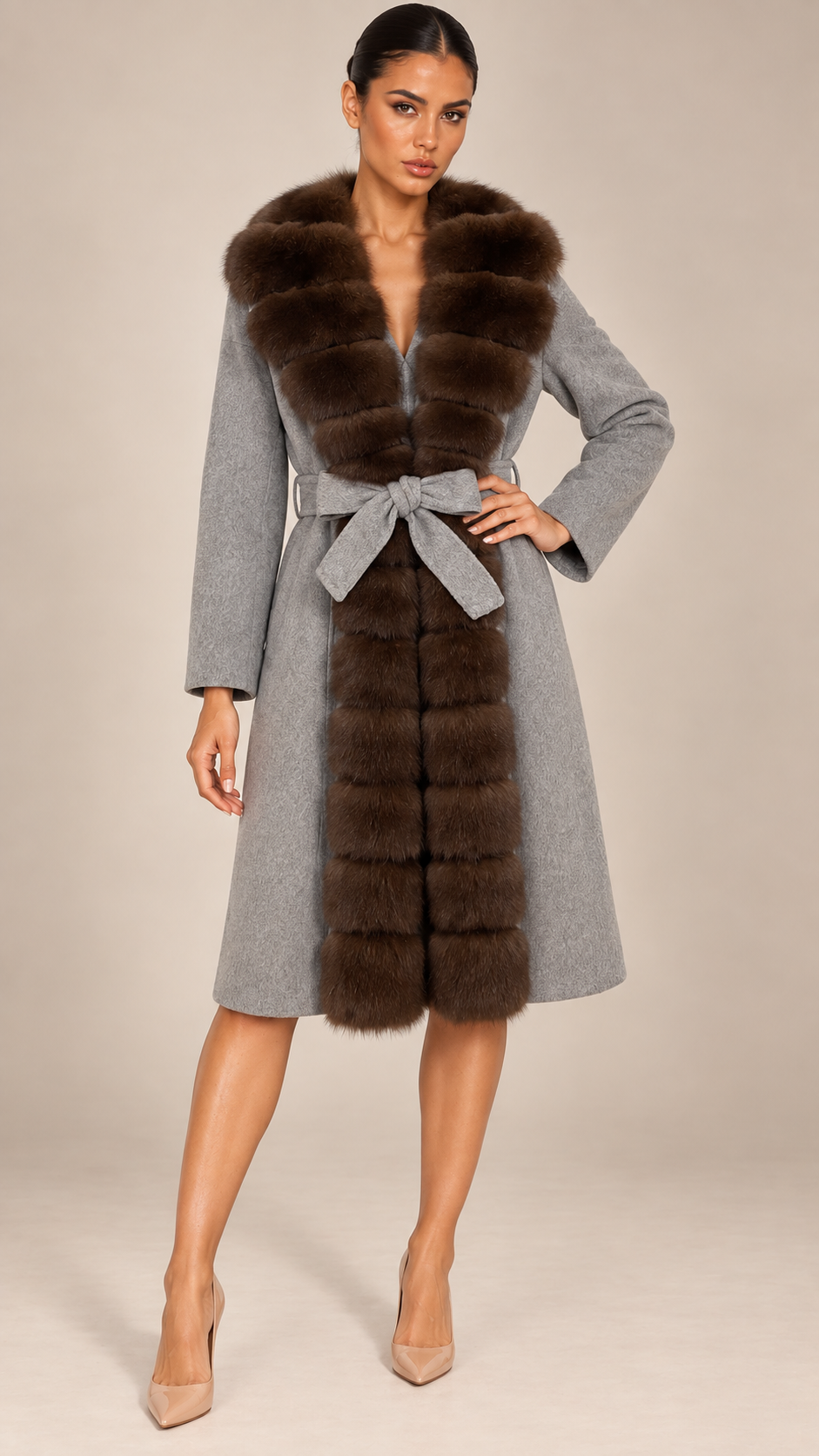 Seraphine Fur Collar Coat — Gray model front