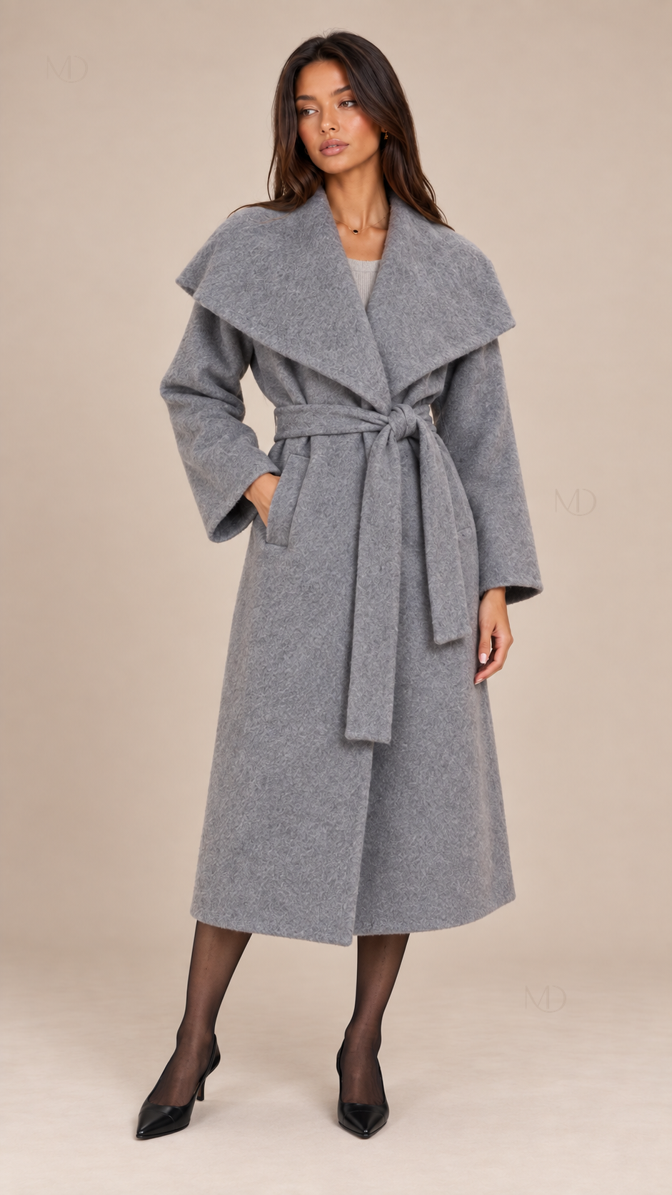 Odette Oversized Collar Wool Coat — Gray model front