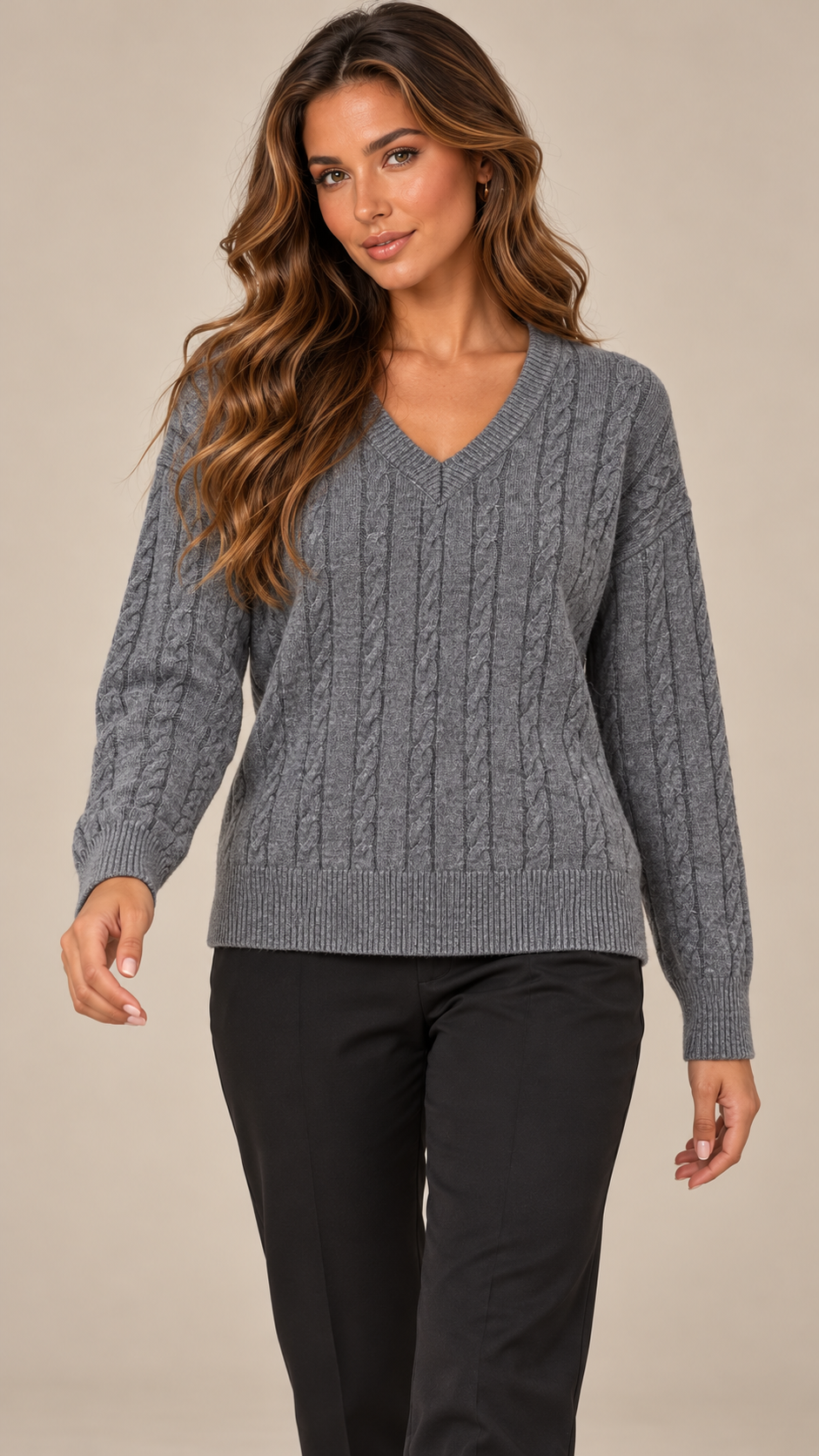 Marit Cable V-Neck Sweater — Gray model front