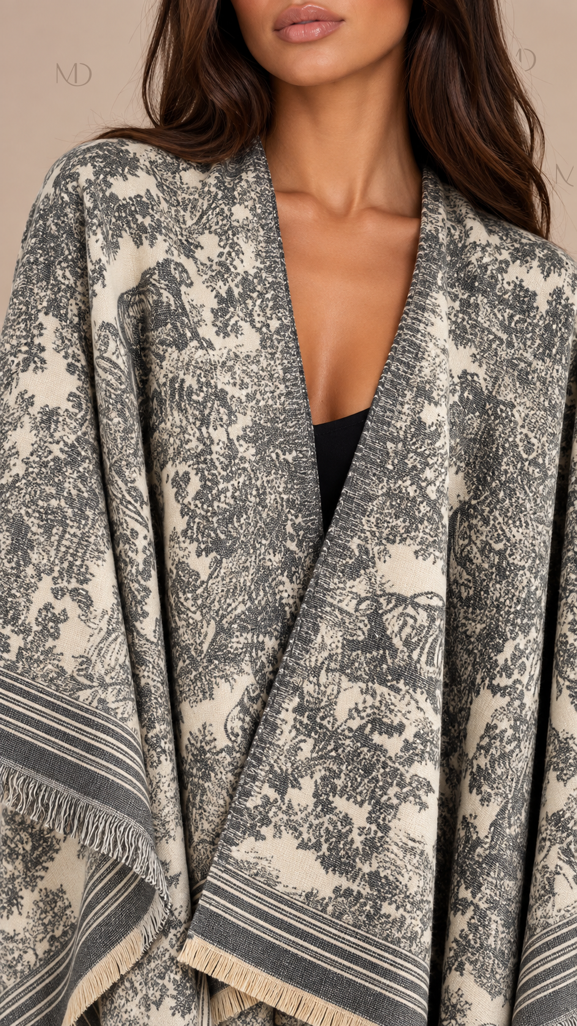 Odette Jacquard Shawl Cape — Gray worn closeup
