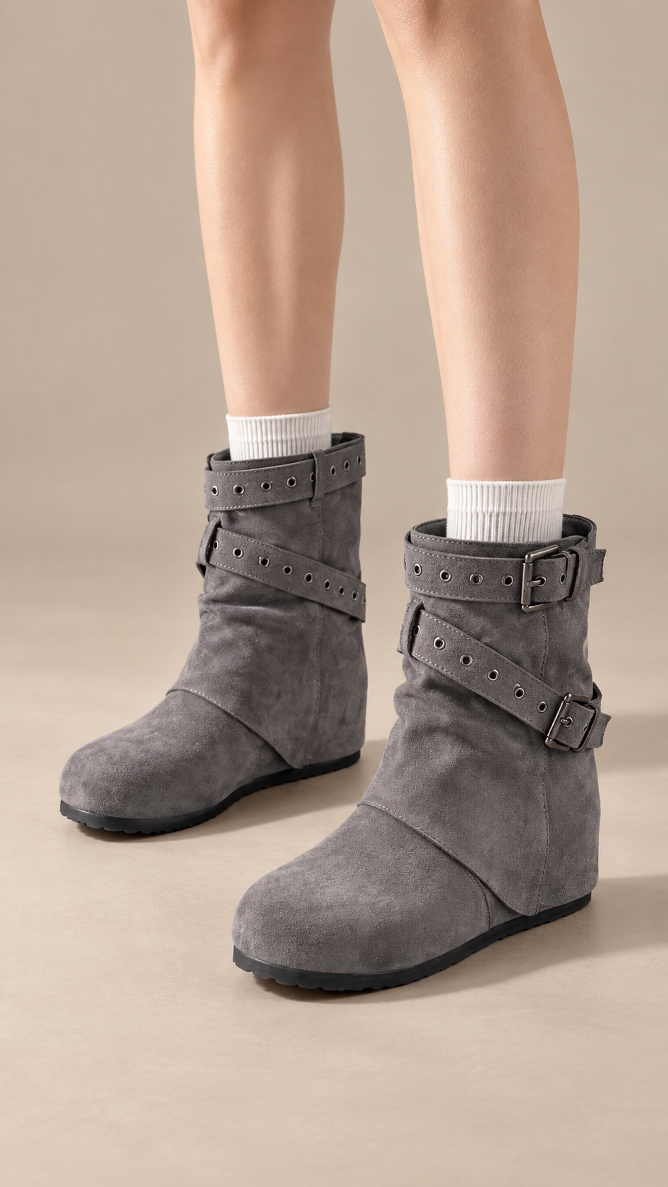 Marlowe Studded Boots — Gray worn closeup