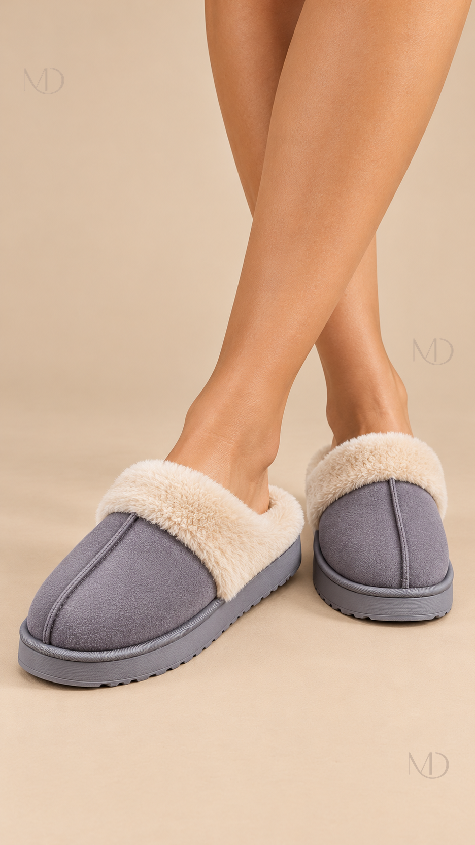 Ysaline Suede Slipper — Gray worn closeup