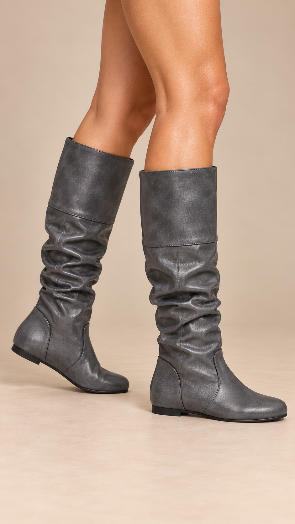 Thessaly Slouch Boot — Gray worn closeup