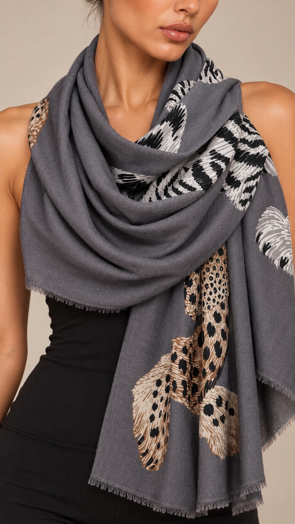 Ambrosine Leopard-Tiger Scarf — Gray worn closeup