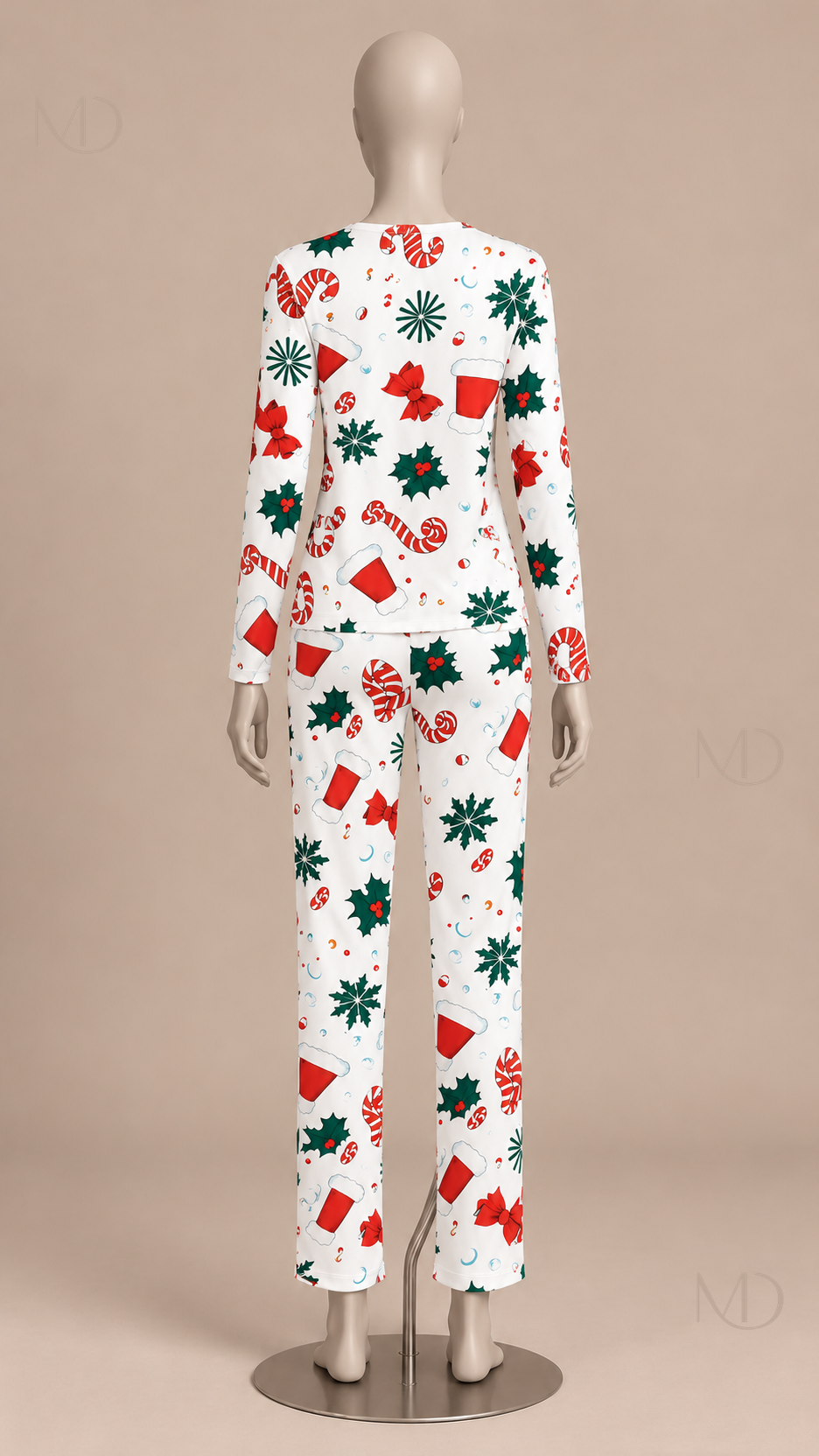 Marlowe Candy-Cane Pajama Set — Green flowers on white background mannequin back