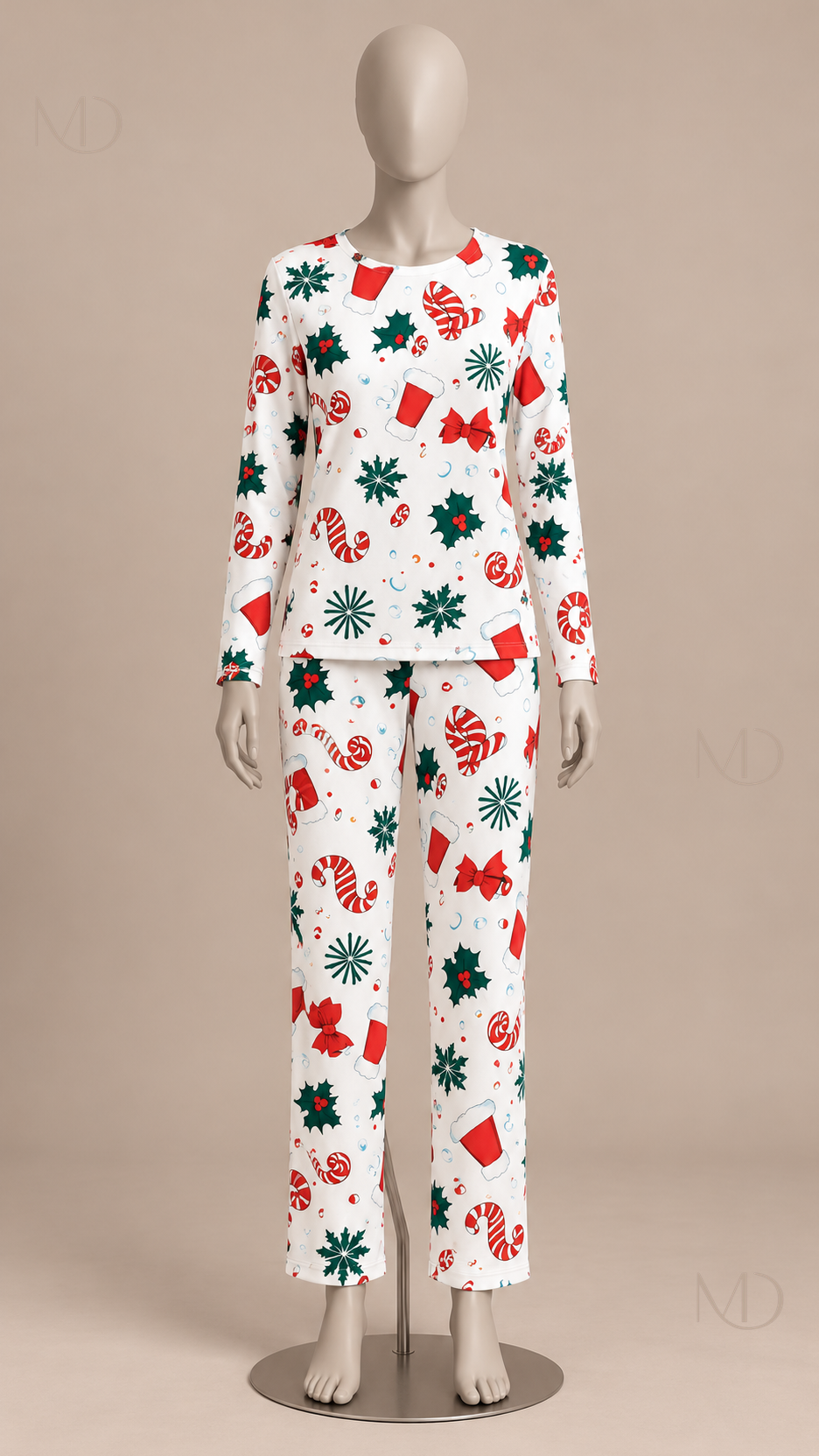 Marlowe Candy-Cane Pajama Set — Green flowers on white background mannequin front