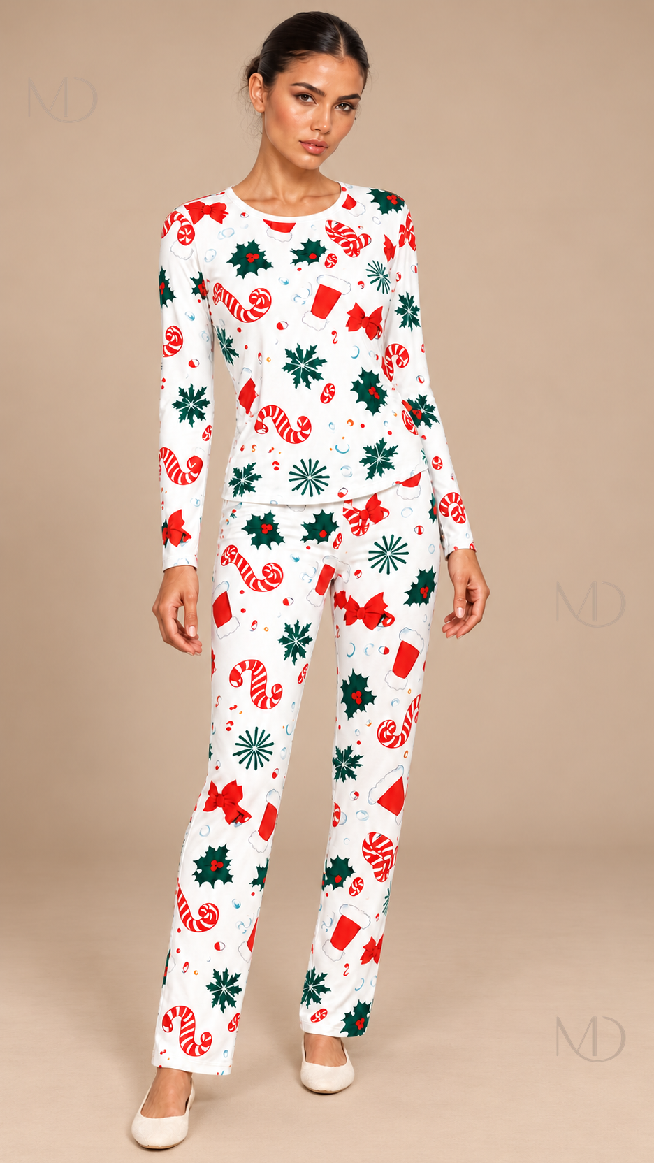 Marlowe Candy-Cane Pajama Set — Green flowers on white background model front