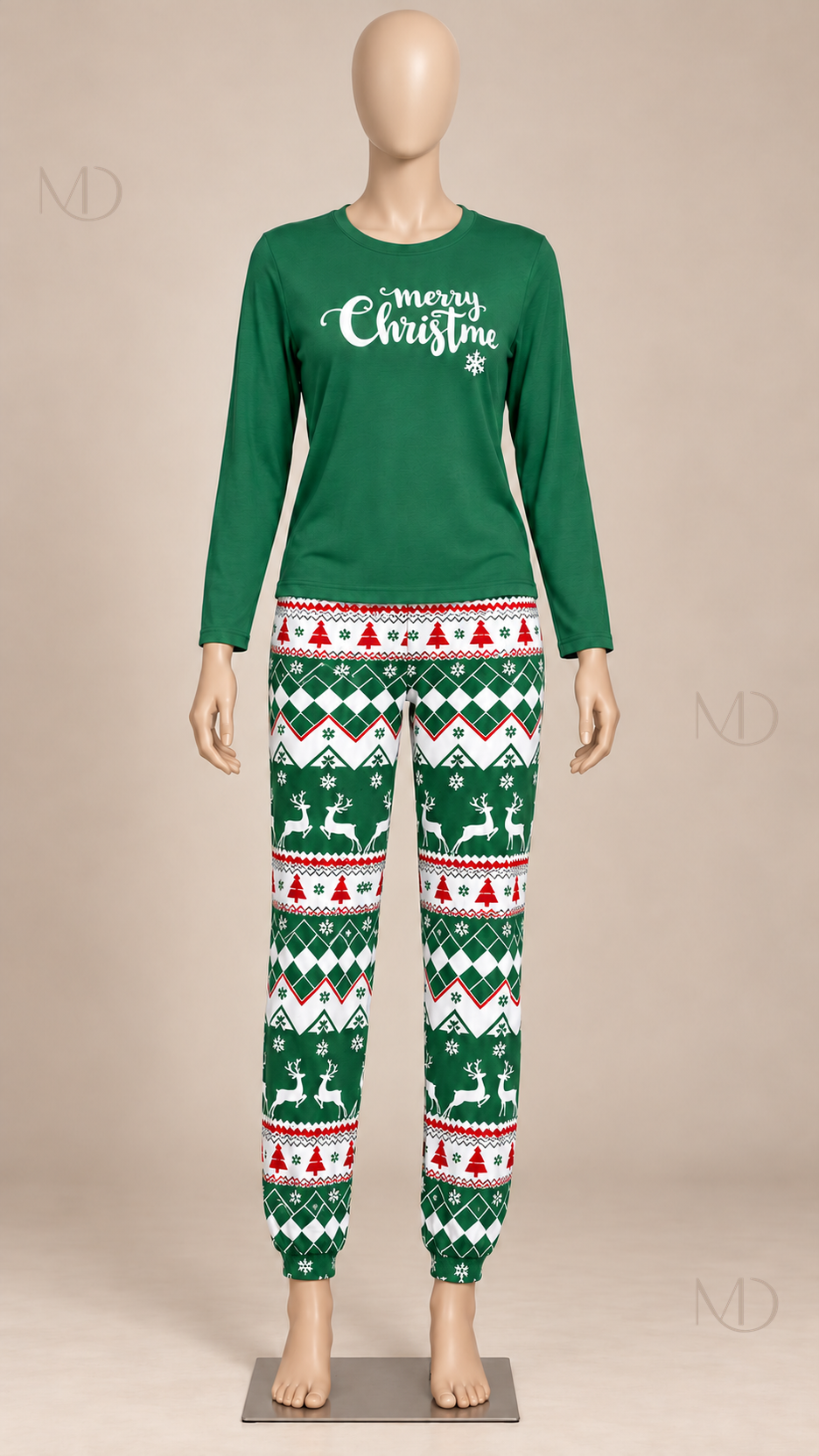 Noemi Reindeer Pajama Set — Green mannequin front
